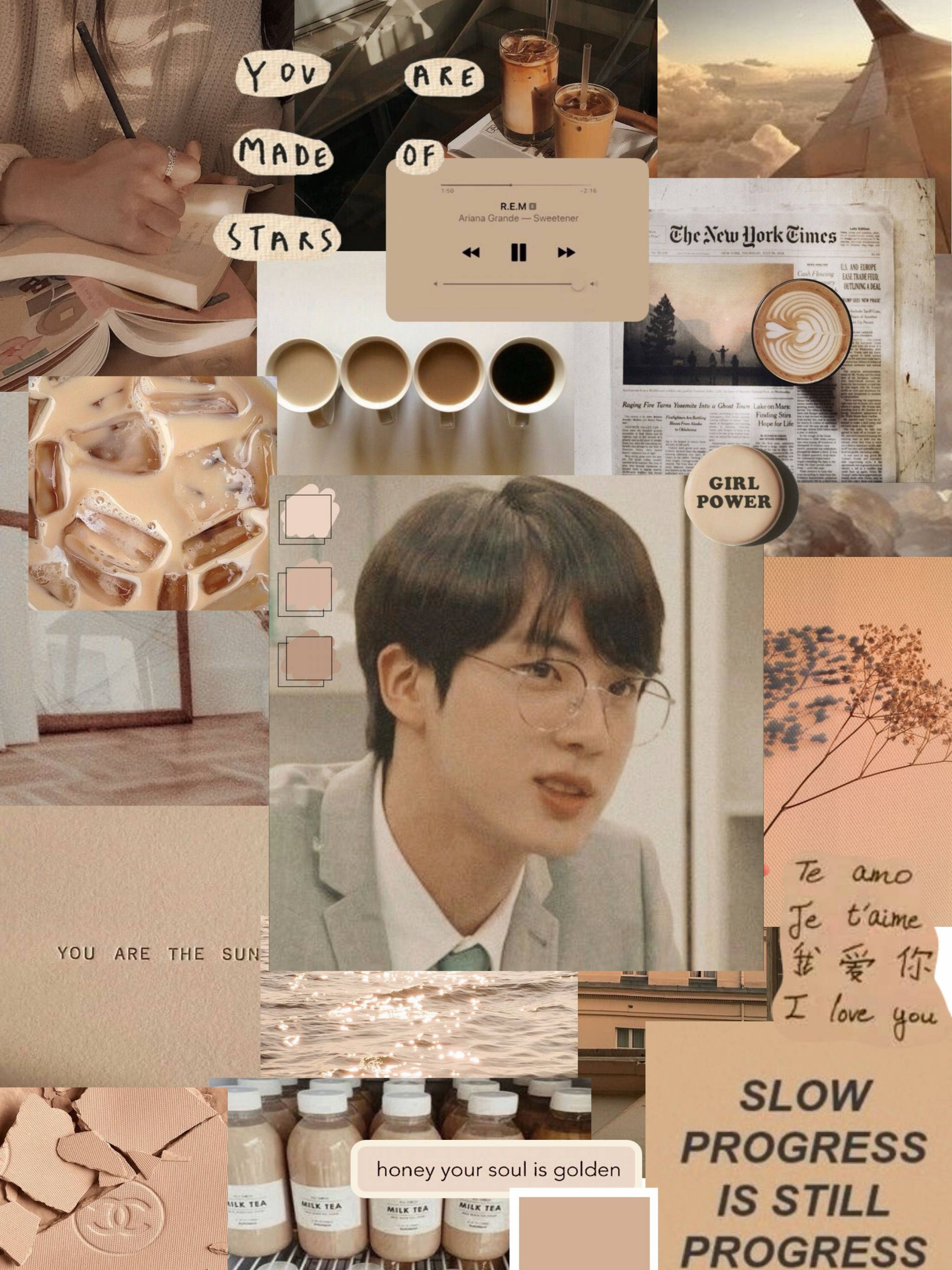 Mandhari ya Rangi ya Beige na Kahawia ya BTS Jin Picha ya Ukuta
