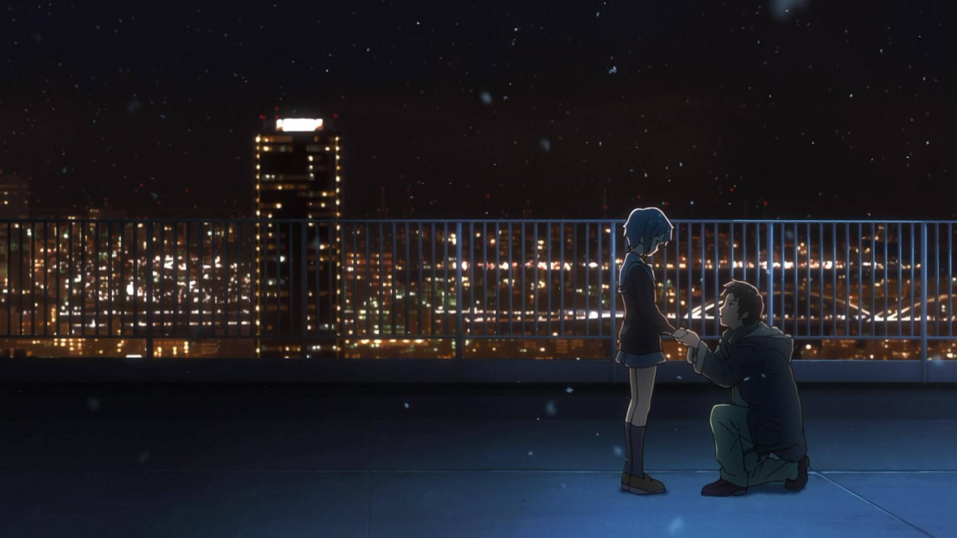 Mandhari ya Shule ya Anime Yuki Nagato Kwenye Rooftop Usiku Picha ya Ukuta
