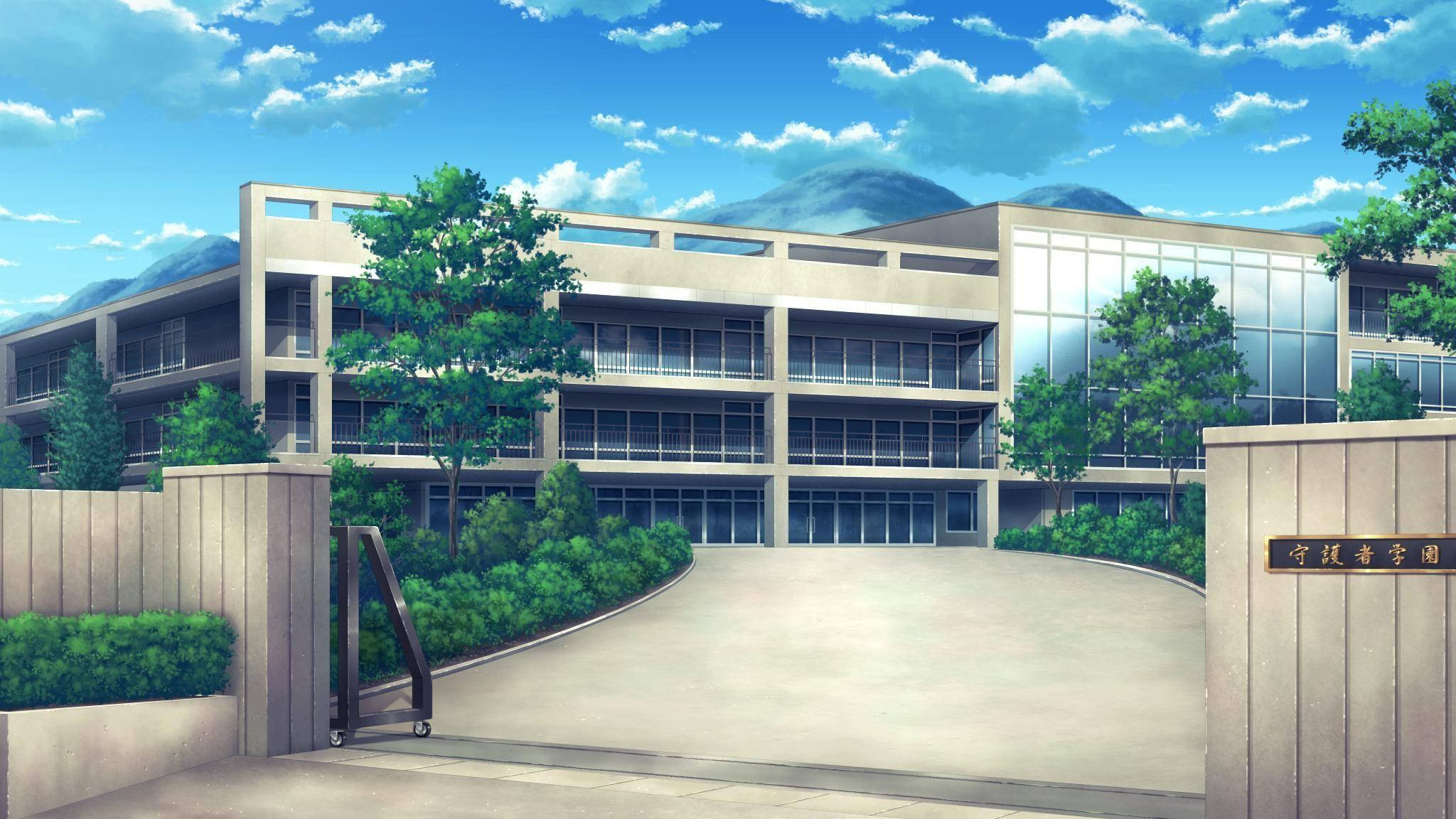 Mandhari ya Shule ya Anime kwenye Njia ya Kupanda Picha ya Ukuta
