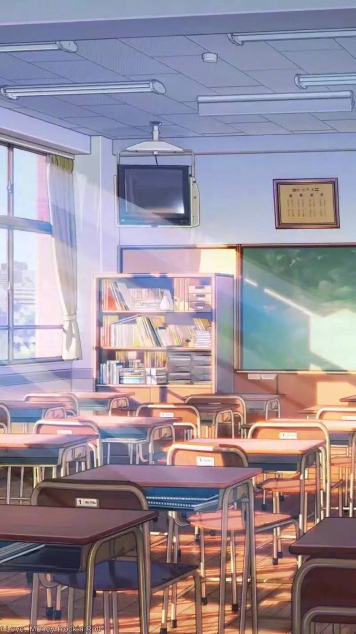 Mandhari ya Shule ya Anime Darasa lenye TV Picha ya Ukuta