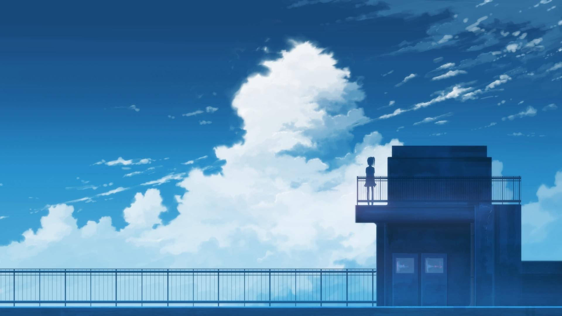 Mandhari ya Shule ya Anime Mwanafunzi Kwenye Rooftop Picha ya Ukuta