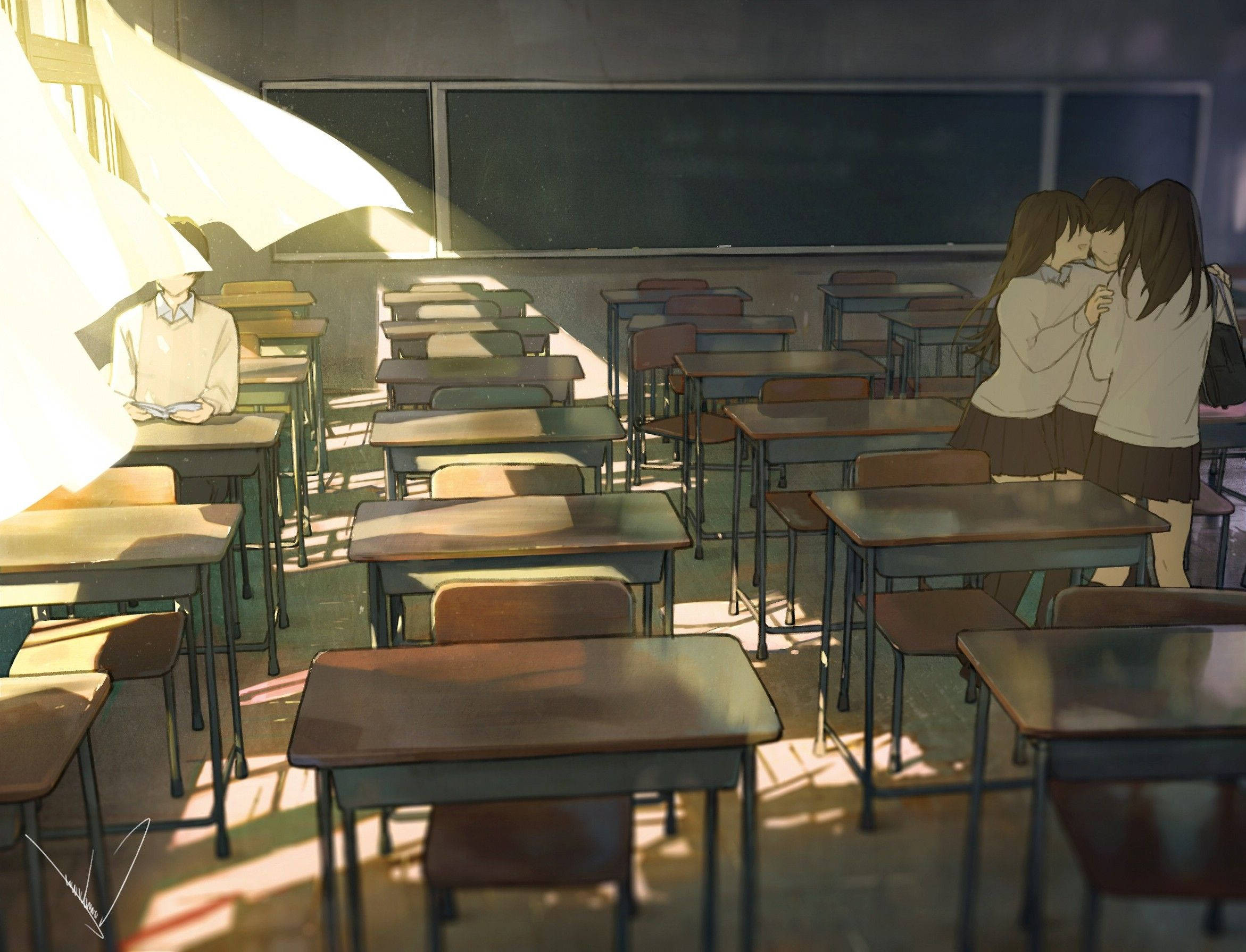 Mandhari ya Shule ya Anime Wanafunzi Katika Darasa la Giza Picha ya Ukuta