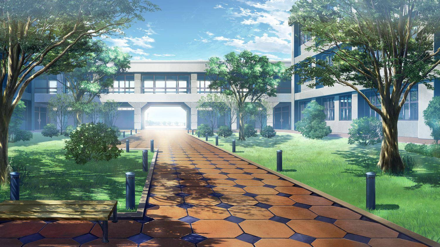 Mandhari ya Shule ya Anime yenye Njia ya Matofali Picha ya Ukuta