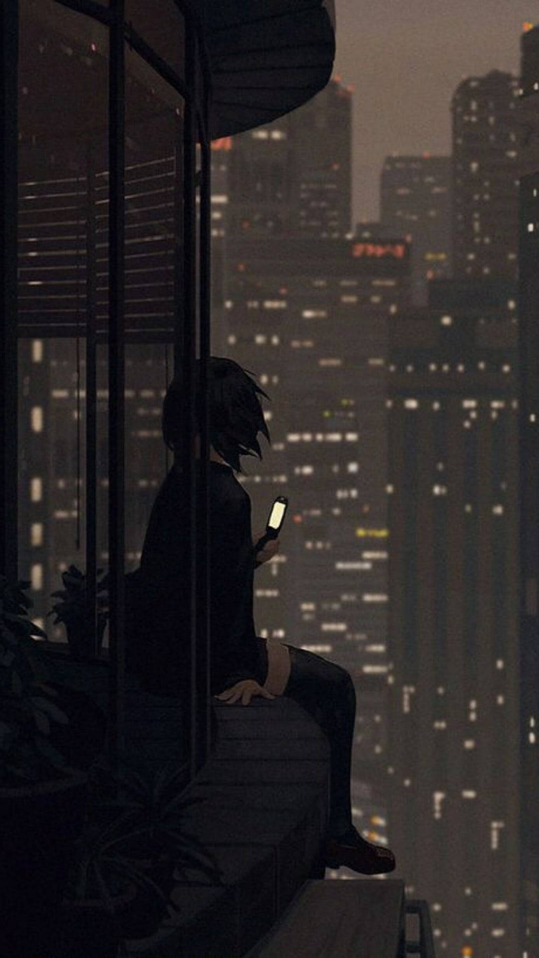 Mandhari ya Taa za Jiji za Anime za Huzuni Picha ya Ukuta