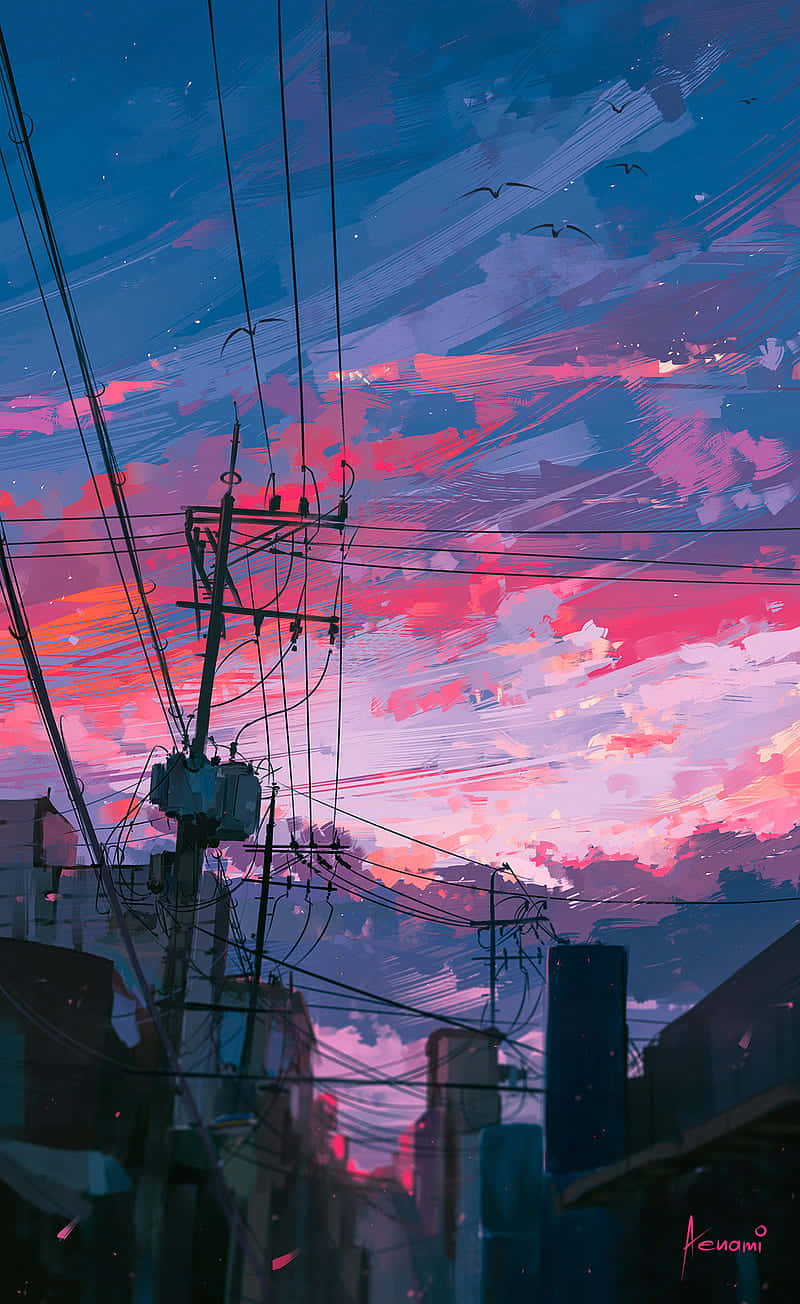 Mandhari ya Tokyo ya Anime yenye Anga la Waridi Picha ya Ukuta