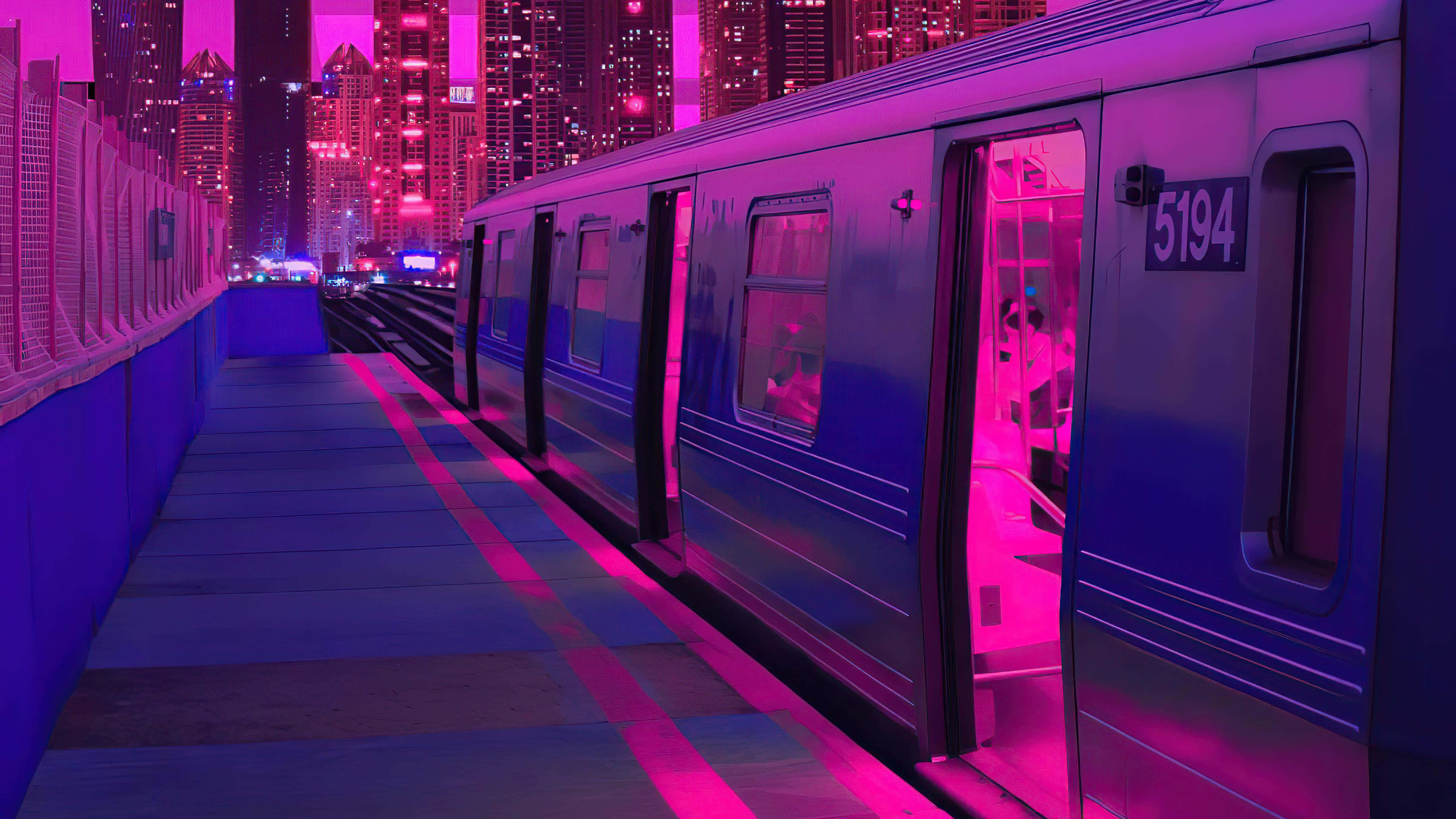 Mandhari ya Treni ya Neon ya Synthwave Picha ya Ukuta