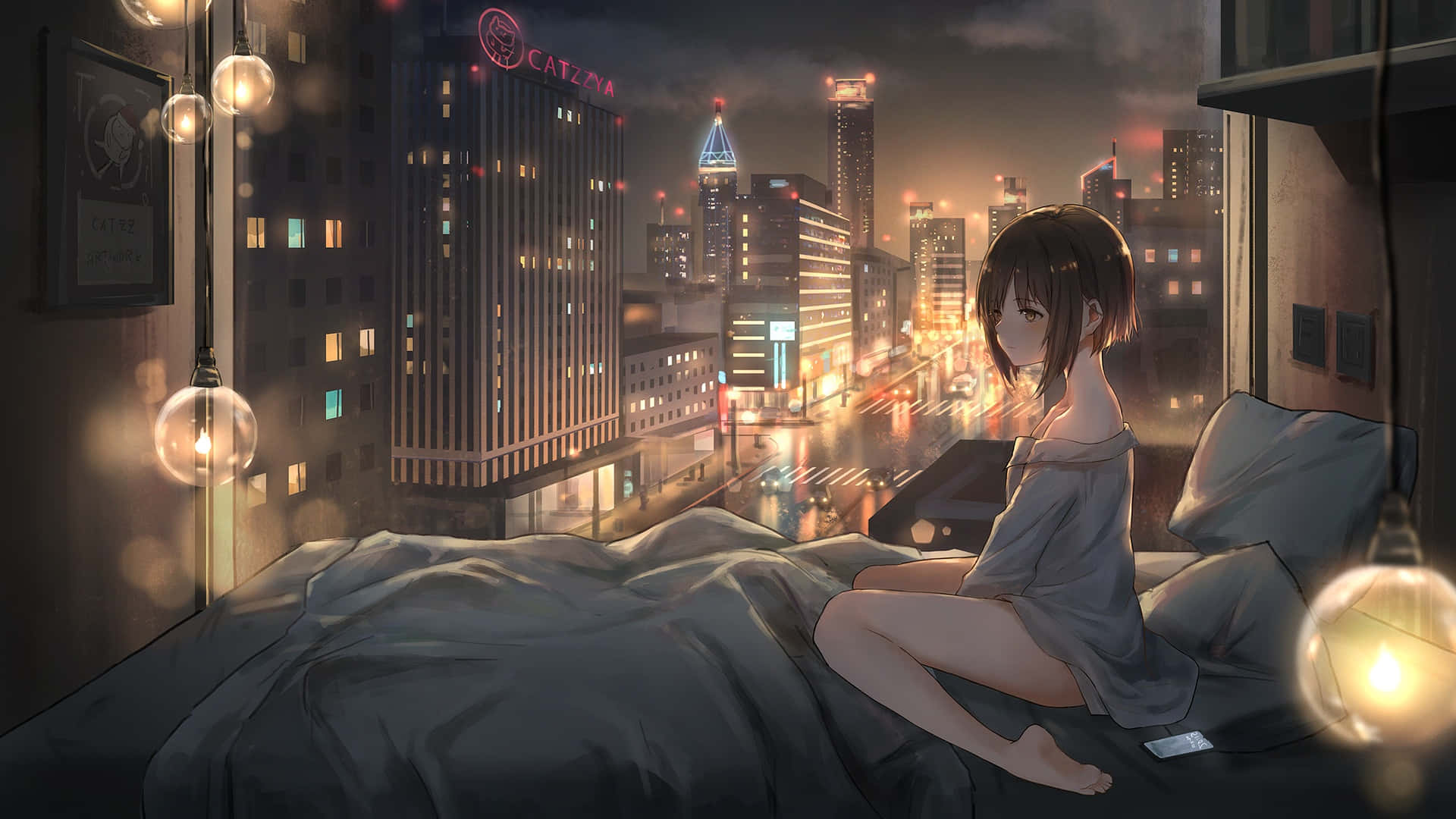 Mandhari ya Usiku ya Jiji Lililojaa Majengo Marefu ya Anime Picha ya Ukuta