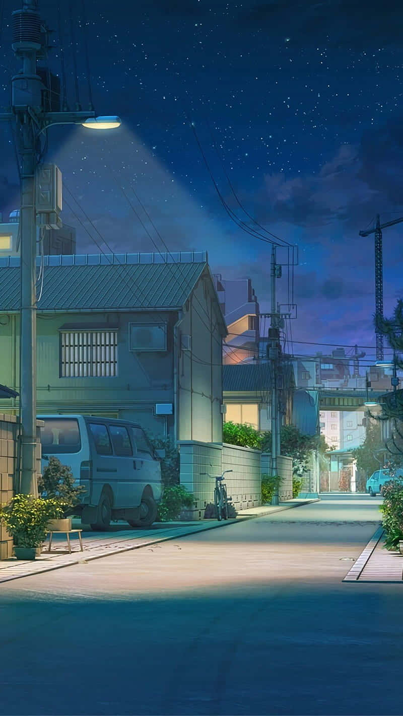Mandhari ya Usiku ya Jumuiya ya Mjini Katika Anime Picha ya Ukuta