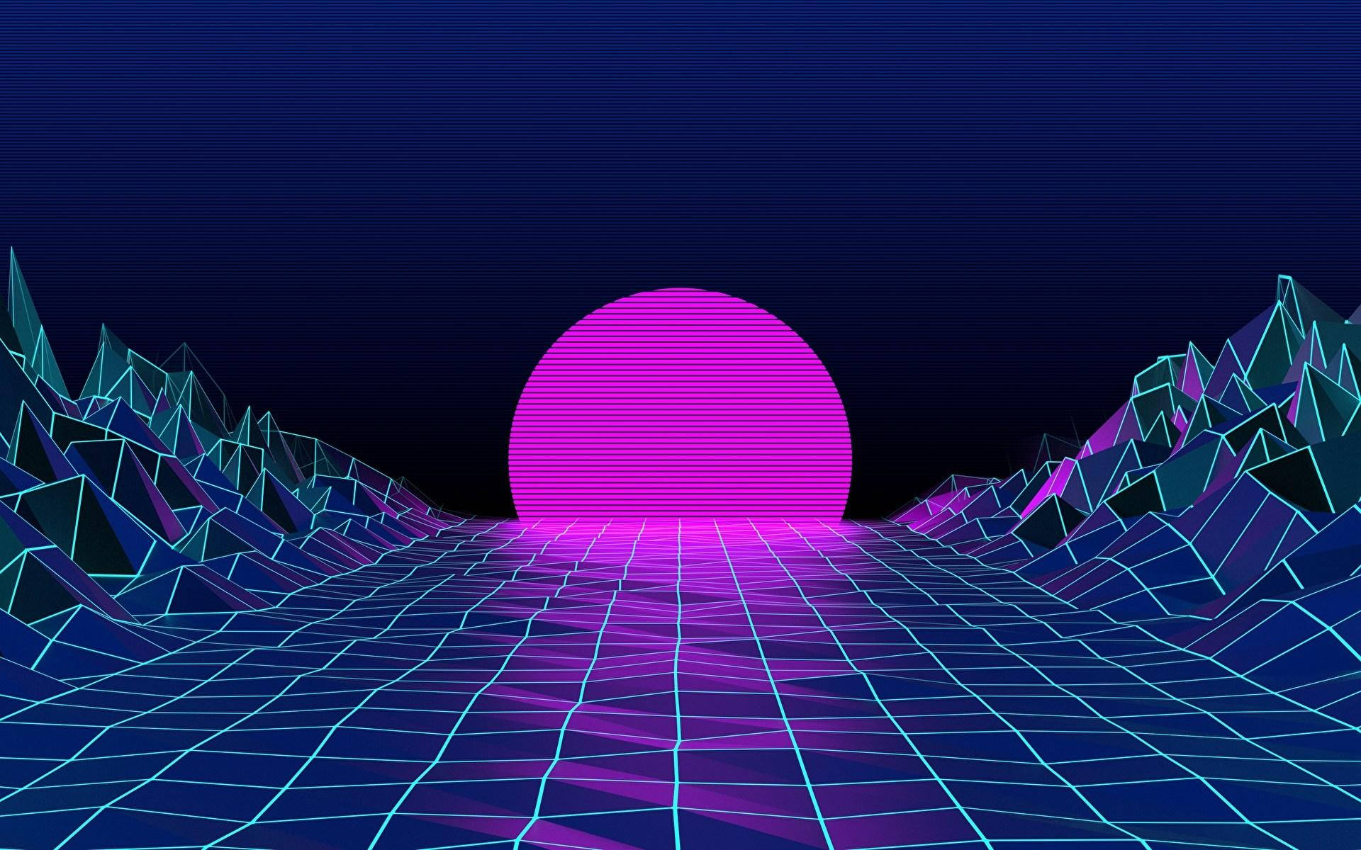 Mandhari ya Vaporwave ya Jua Kutua kwa Laptop Picha ya Ukuta