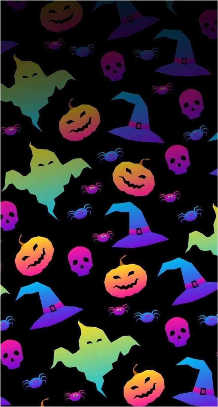 Mandharinyuma ya Halloween ya Kupendeza ya Mizimu, Maboga na Kofia za Wachawi Picha ya Ukuta