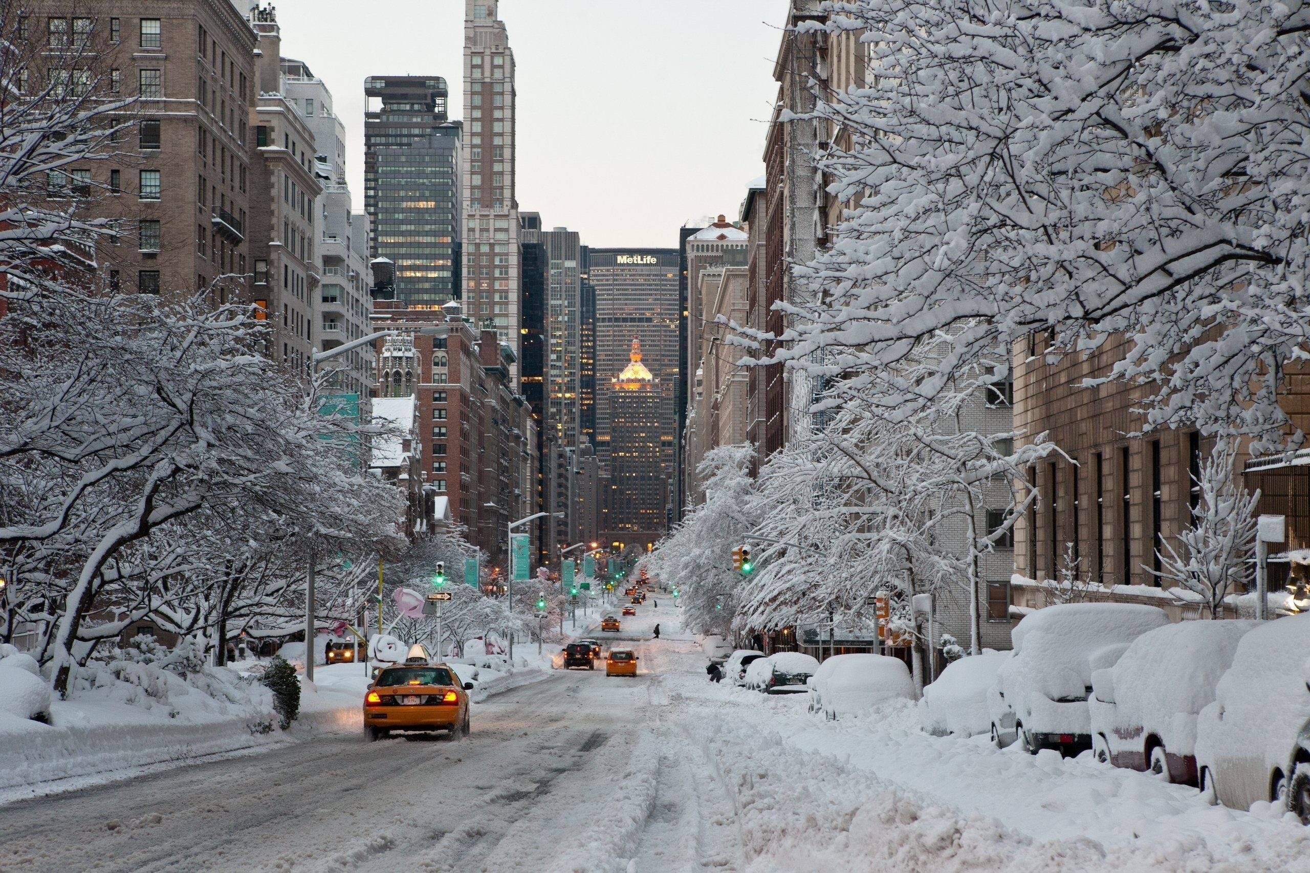 Mandharinyuma ya Majira ya Baridi New York yenye Theluji Picha ya Ukuta