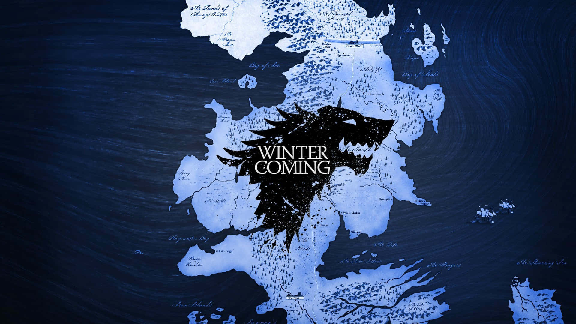 Mapa ya Westeros Bluu na Silhouette ya Wolf wa House Stark Picha ya Ukuta