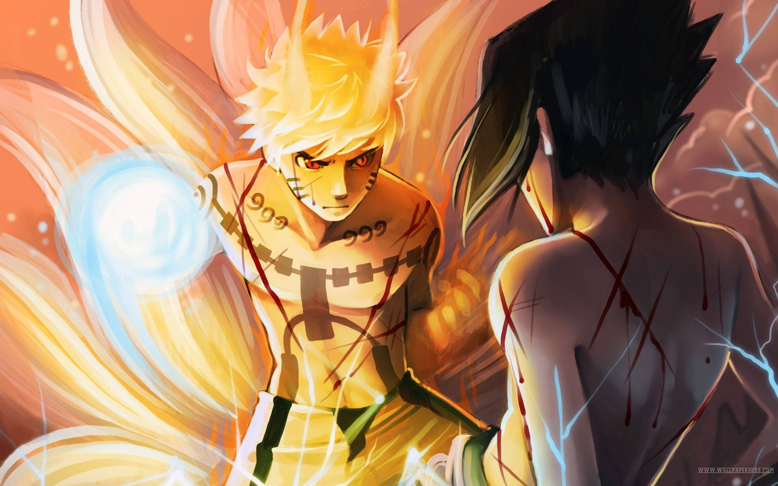 Mapambano ya Naruto Mwenye Mikia Tisa na Sasuke Picha ya Ukuta