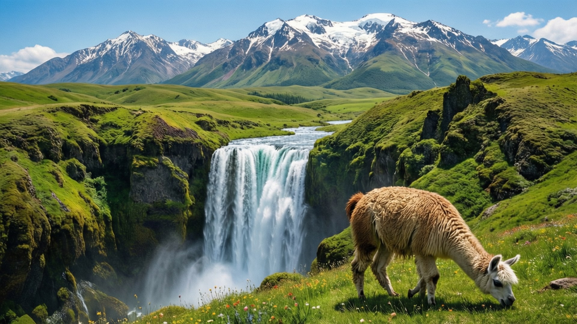 Maporomoko ya Alpine Meadow Picha ya Ukuta