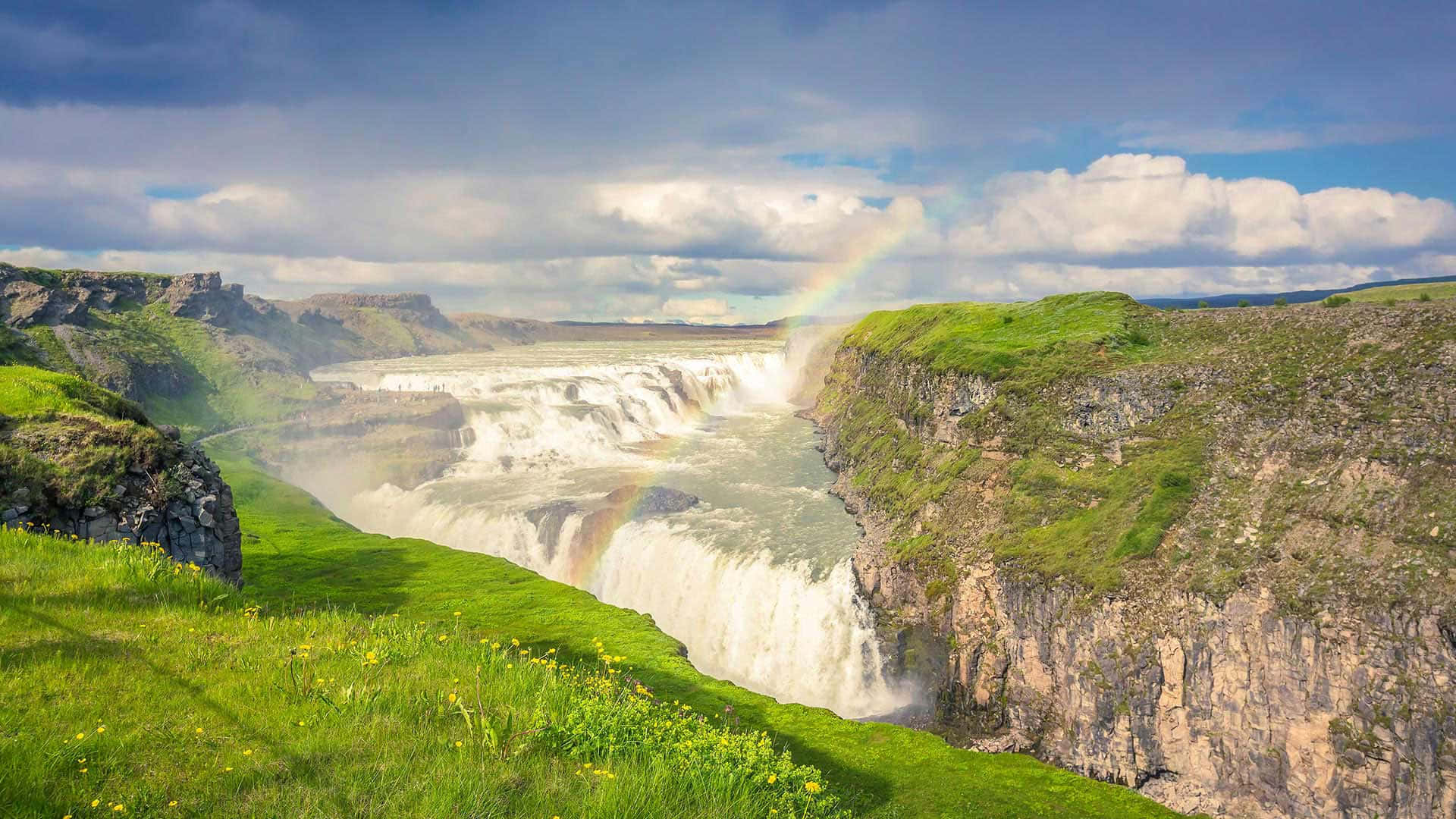 Maporomoko ya Maji ya Gullfoss Kusini Magharibi mwa Iceland Picha ya Pembe Pana Picha ya Ukuta