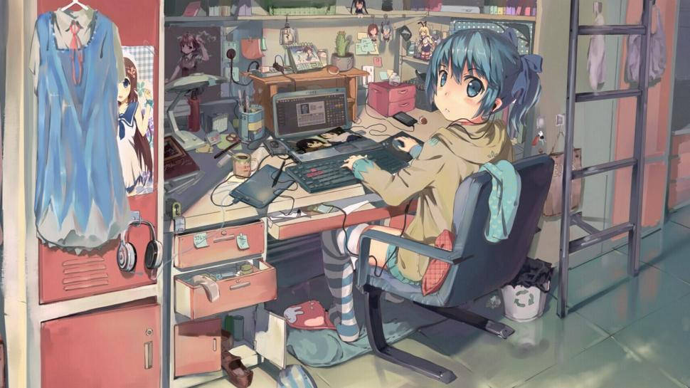 Mazingira ya Laptop yenye Uvunjifu katika Anime Picha ya Ukuta