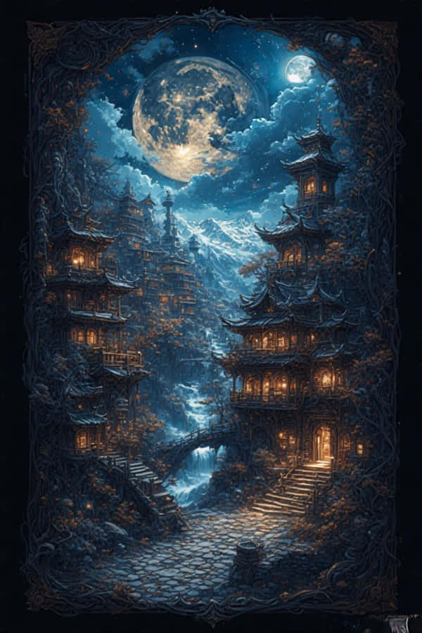 Mazingira ya Tibet ya Usiku yenye Mwanga wa Gothic 4K Picha ya Ukuta