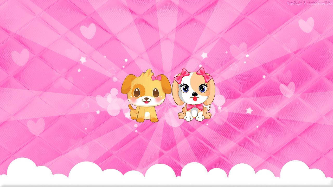 Mbwa Wazuri kwenye Mandharinyuma ya Pinki ya Kawaii Picha ya Ukuta