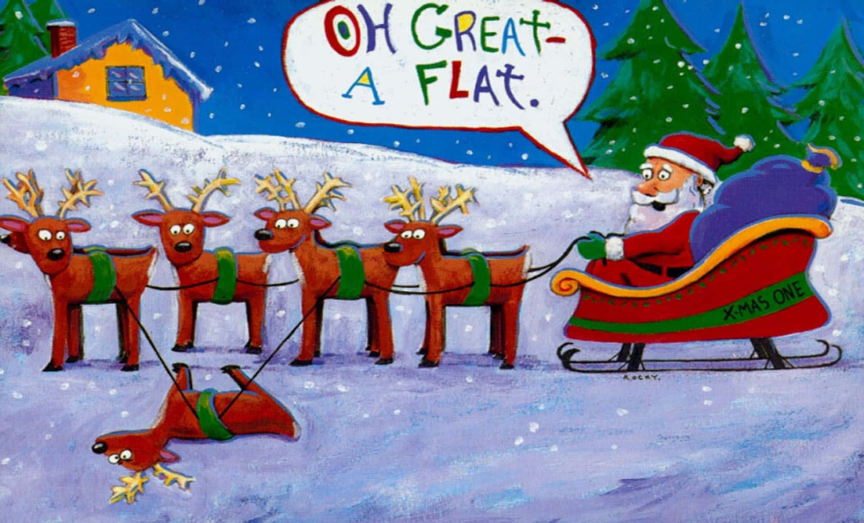 Mcheshi wa kusisimua kwa furaha ya sikukuu – Santa Claus akipanda farasi wa pembe moja Picha ya Ukuta