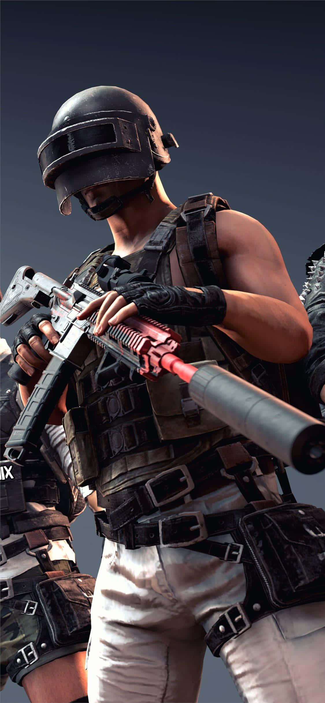 Mchezaji Anayekubwa Bunduki Nyekundu na Nyeusi PUBG iPhone Picha ya Ukuta