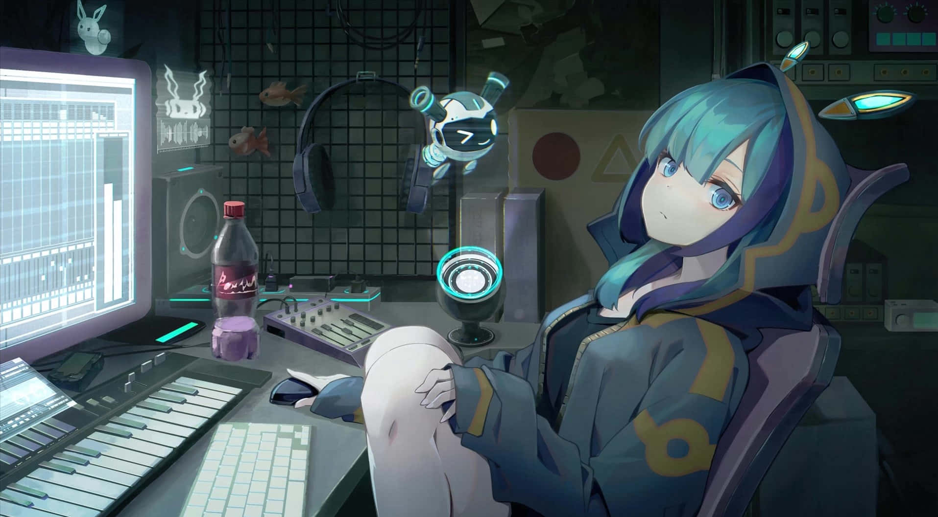 Mchezaji Mrembo Hatsune Miku Akiwa na Kompyuta Yake Picha ya Ukuta