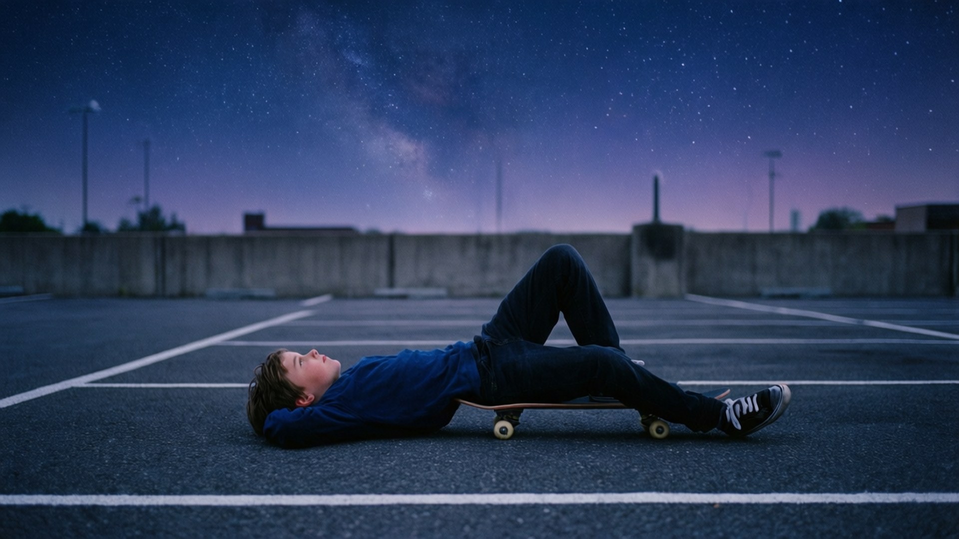 Mchezaji wa Skateboard Chini ya Mwangaza wa Nyota Picha ya Ukuta