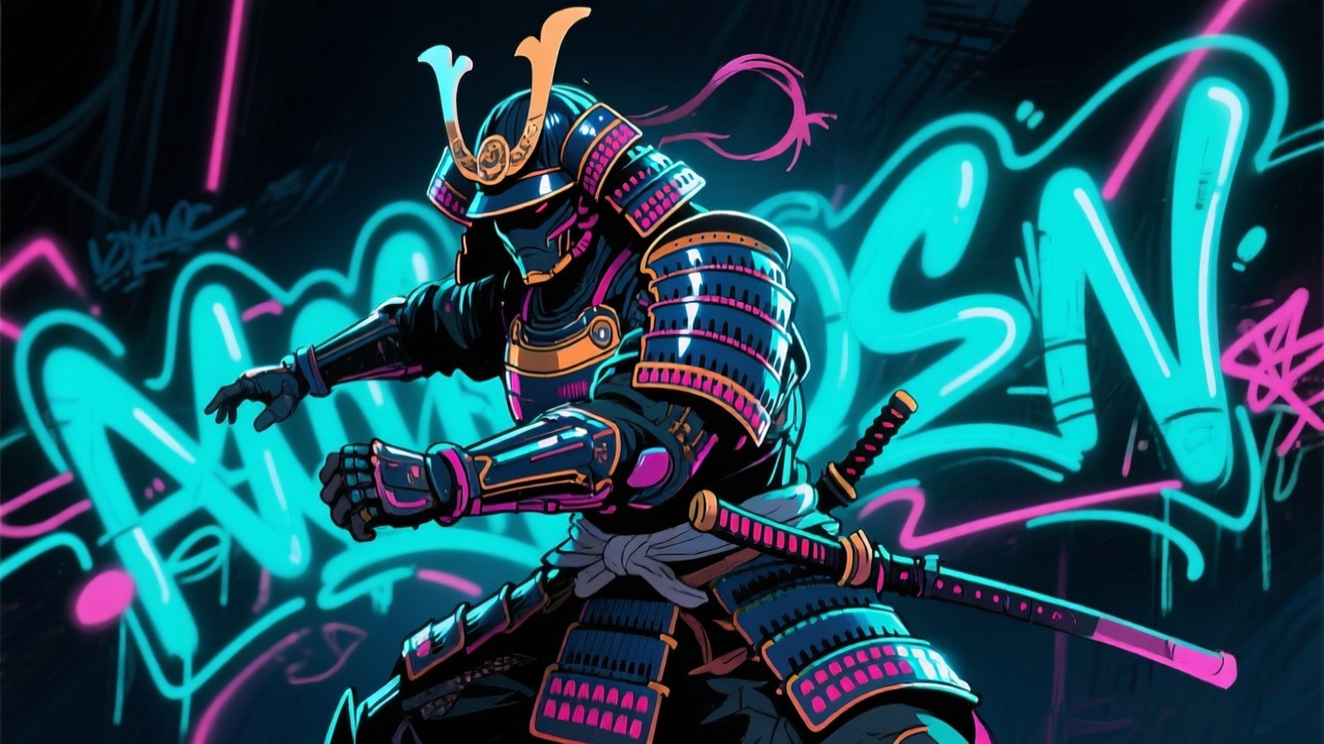 Mchoro Mzuri wa Samurai wa Neon Picha ya Ukuta