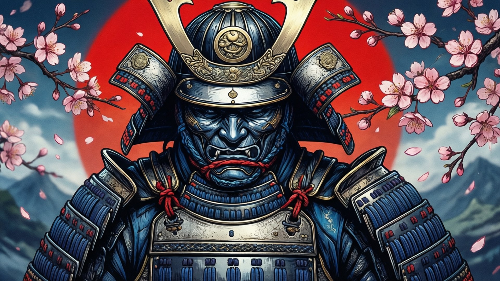 Mchoro Mzuri wa Samurai na Maua ya Cherry Picha ya Ukuta