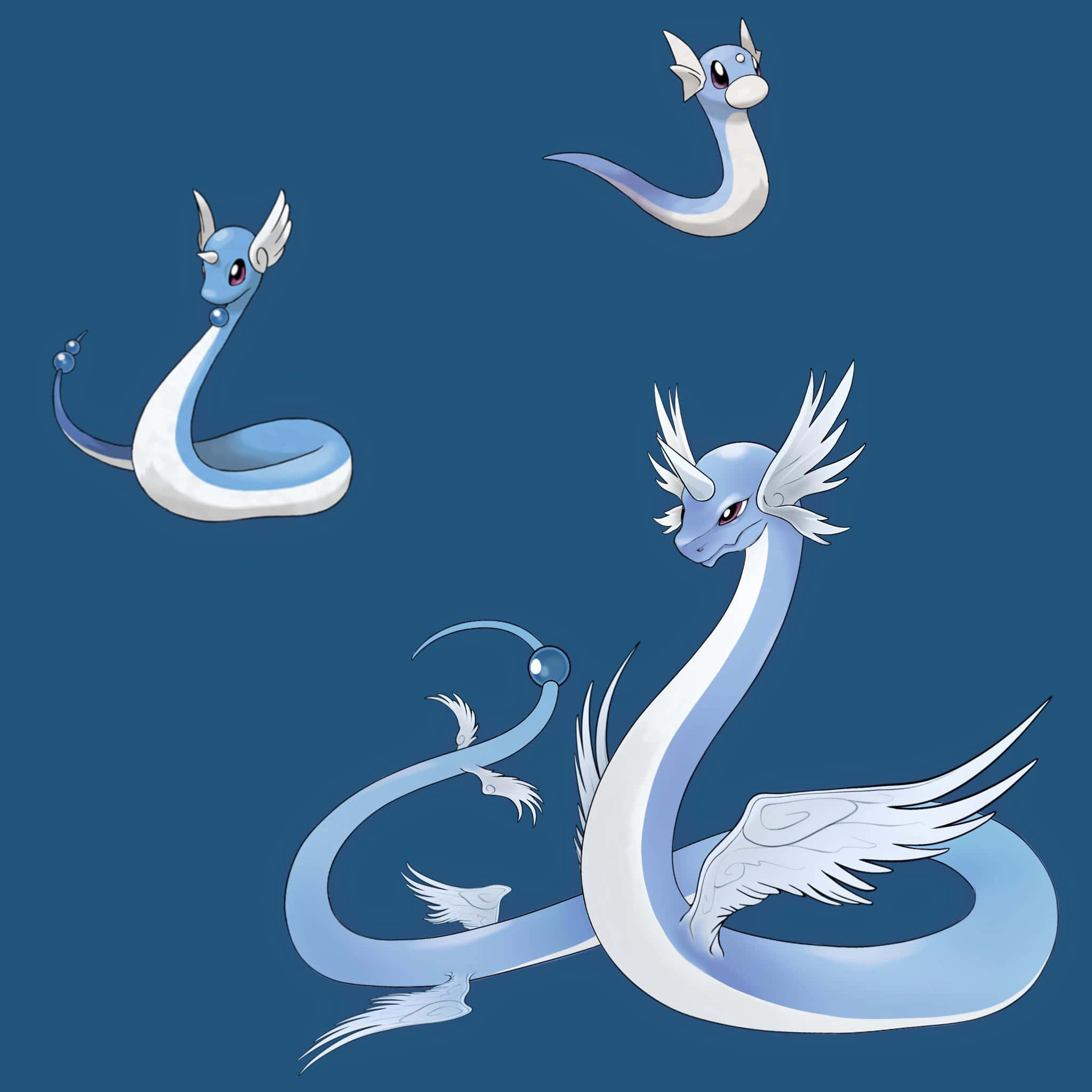 Mchoro wa Dragonair na Dratini kwenye Background ya Bluu Picha ya Ukuta