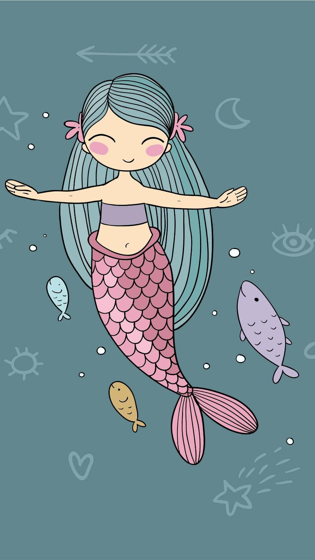 Mchoro wa Kuvutia wa Mermaid na Samaki Picha ya Ukuta