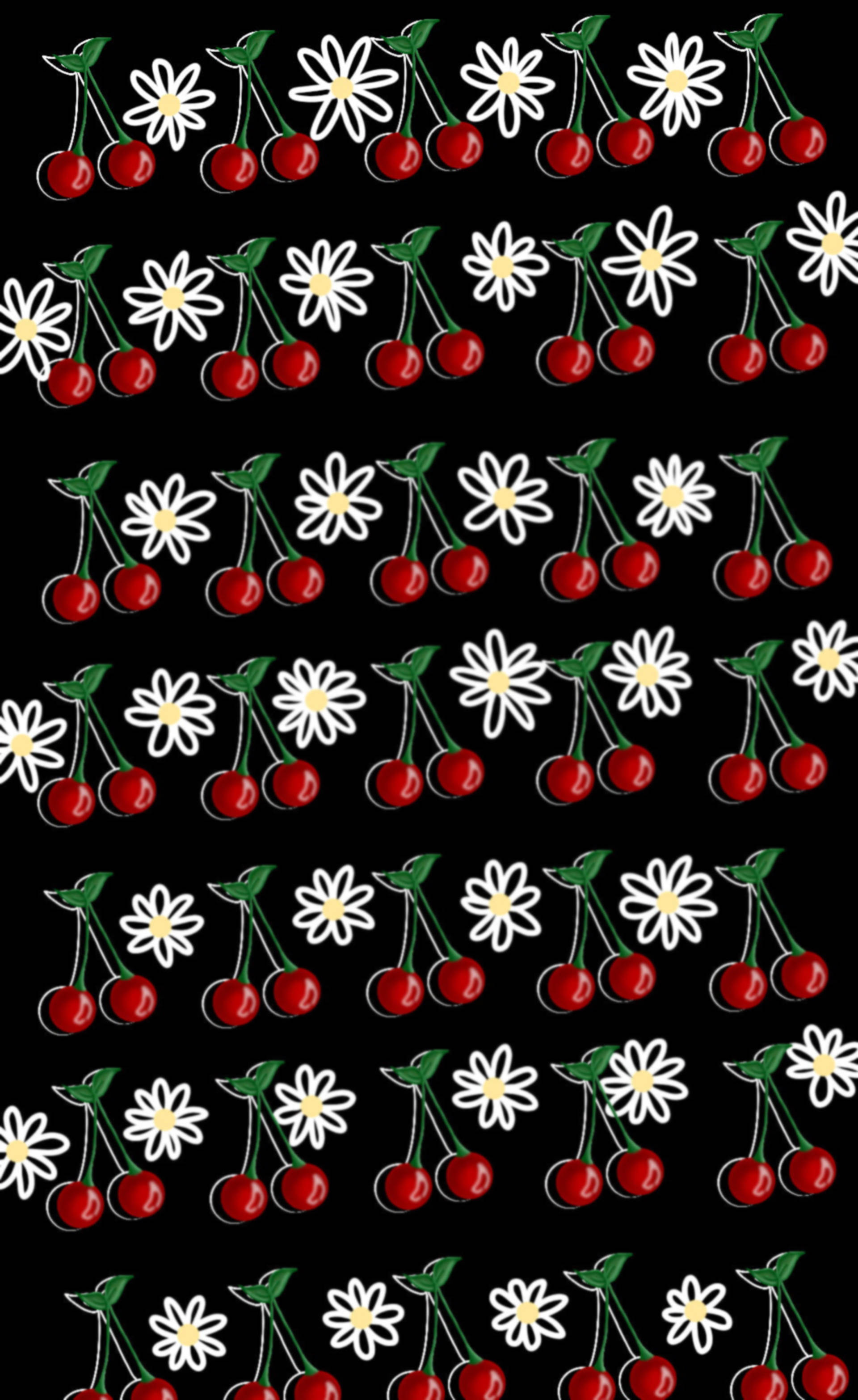 Mchoro wa Matunda Cherries na Maua ya Daisies Picha ya Ukuta