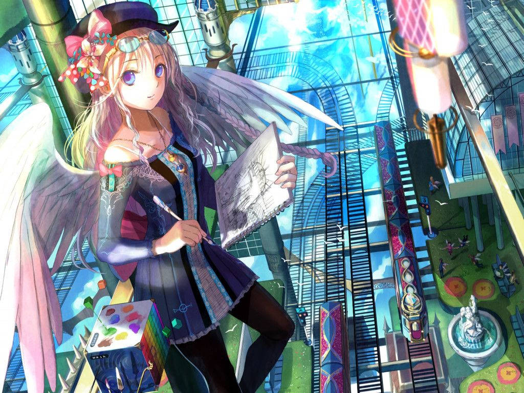 Mchoro wa Mwanamke wa Anime Kawaii na Mabawa ya Malaika Picha ya Ukuta