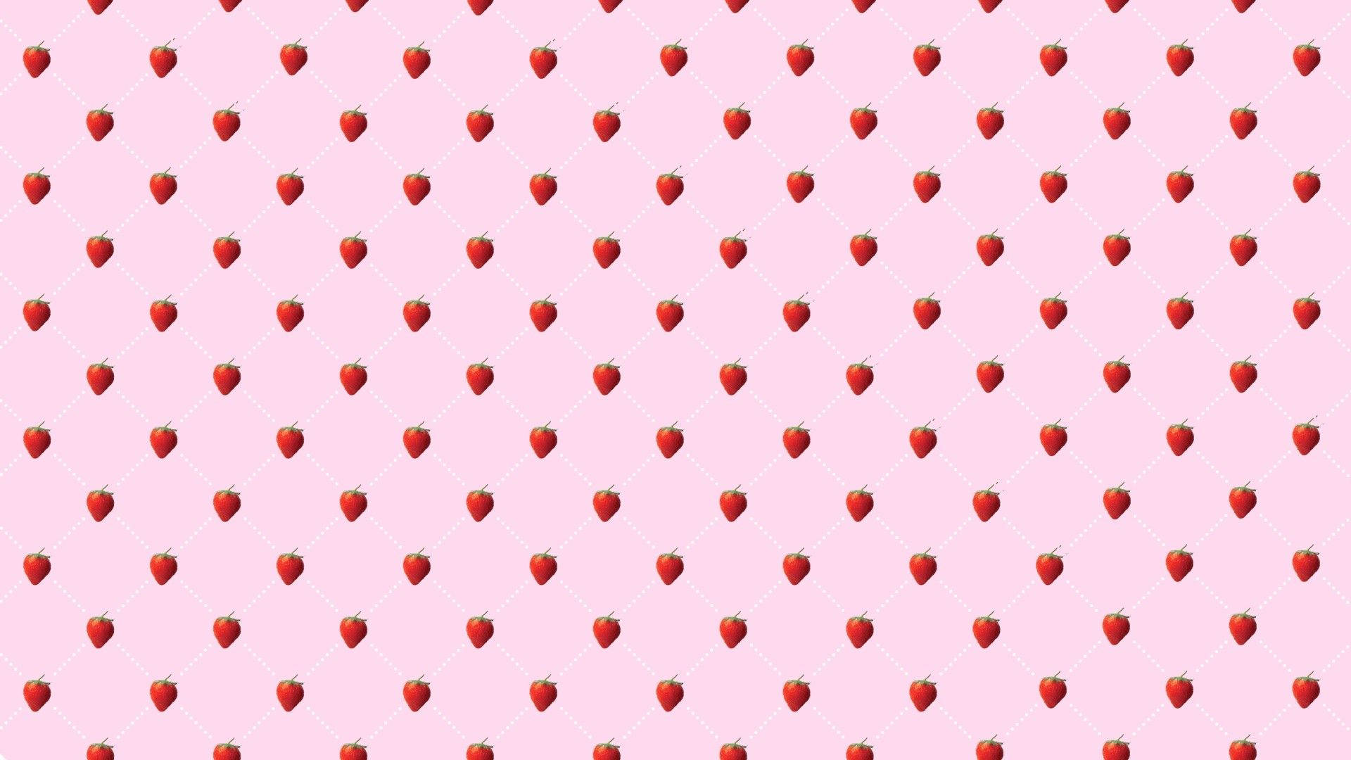Mchoro wa Pink Kawaii wa Strawberry Seamless Picha ya Ukuta