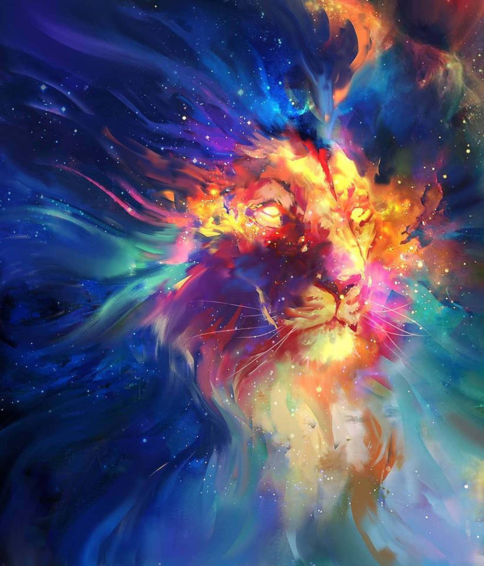 Mchoro wa Simba na Mbingu ya Upinde wa Mvua wa Galaxy Picha ya Ukuta