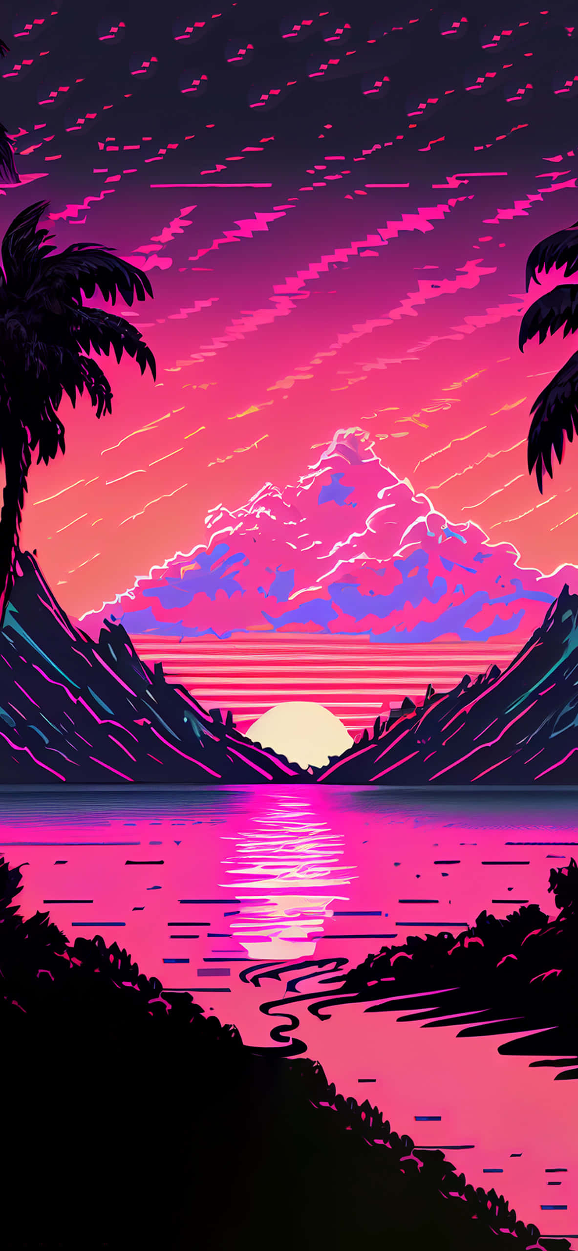 Mchoro wa Vaporwave wa Mawio ya Jua ya Kupendeza Picha ya Ukuta