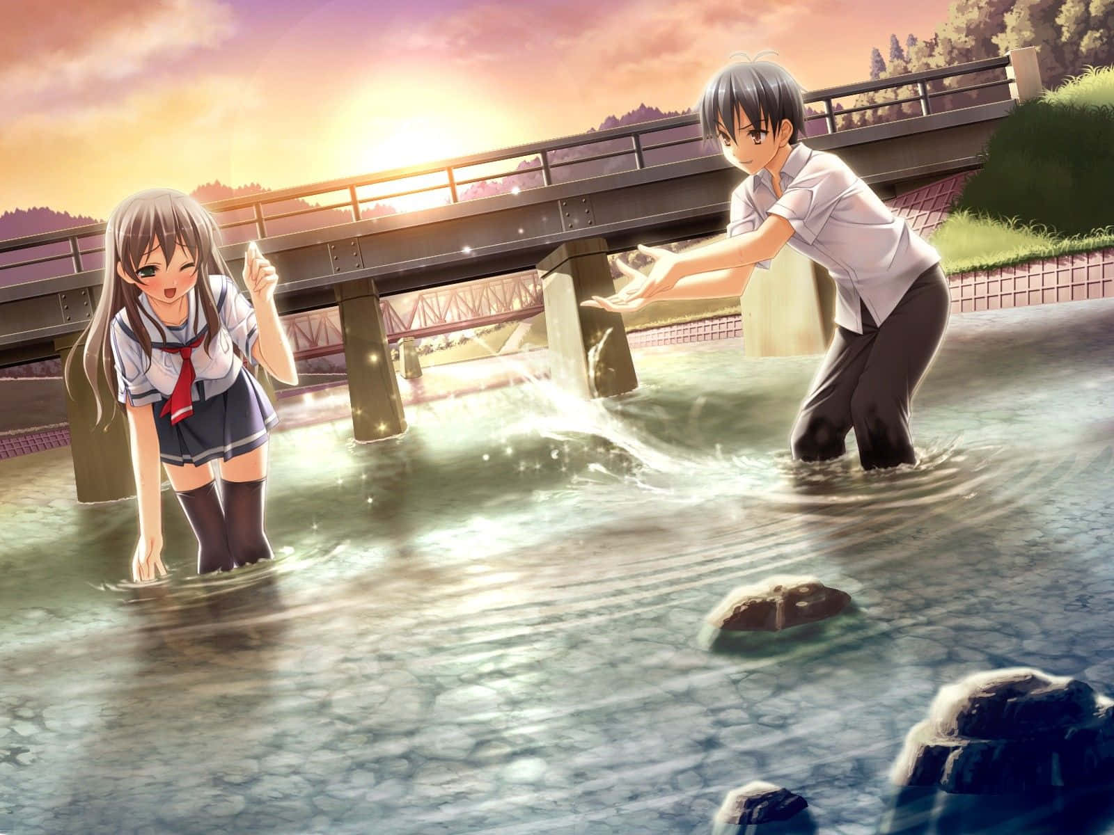 Mchumba wa Anime wa Vijana Wawili Wakumbatiana Picha ya Ukuta