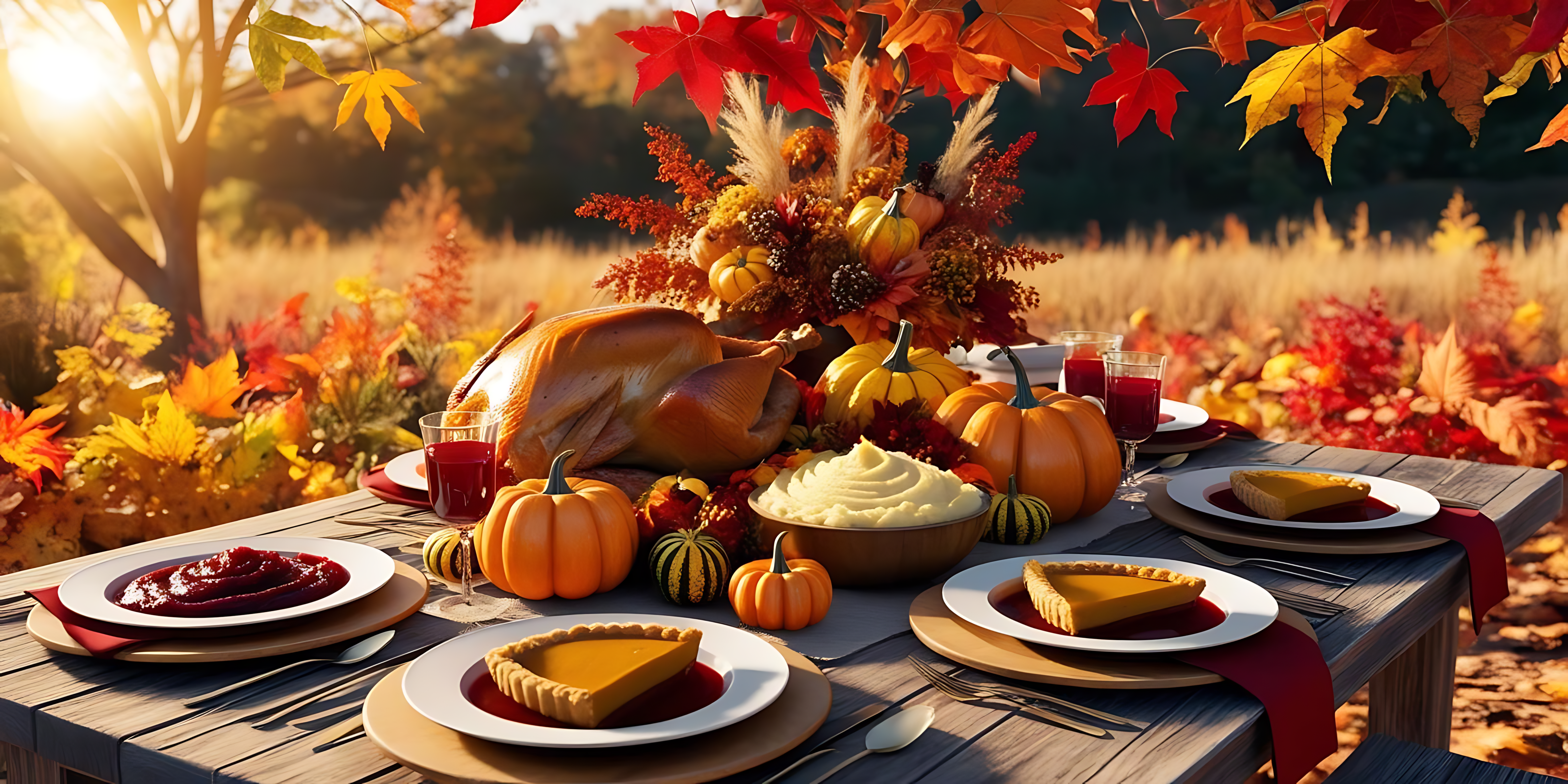 Meja ya chakula cha jioni cha Thanksgiving nje Picha ya Ukuta
