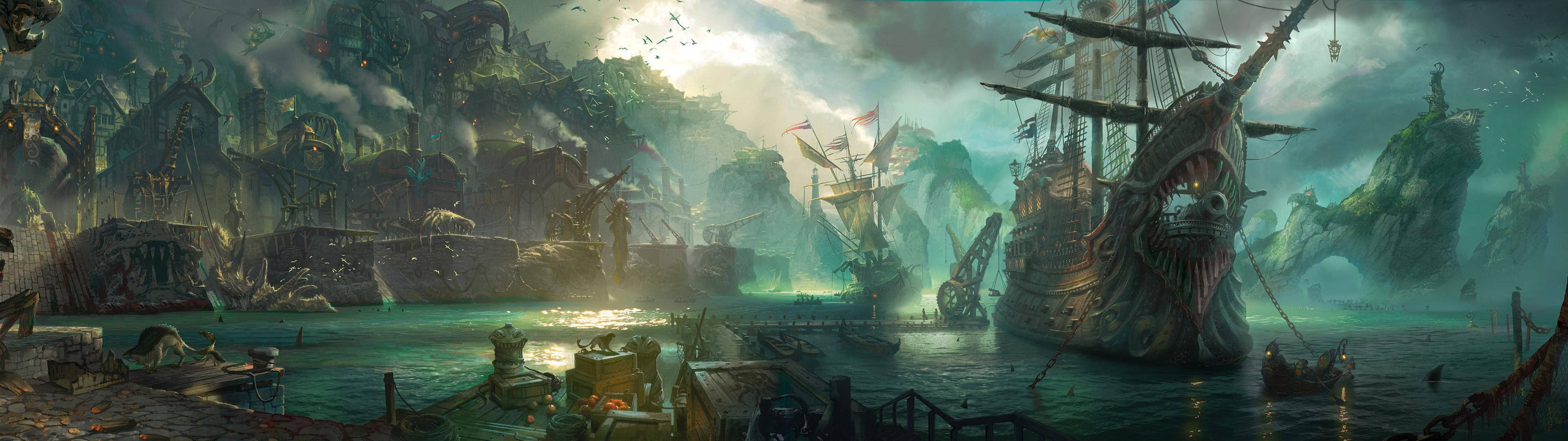 Meli za Maharamia za Kufuatilia Mbili za 3840x1080 HD Picha ya Ukuta