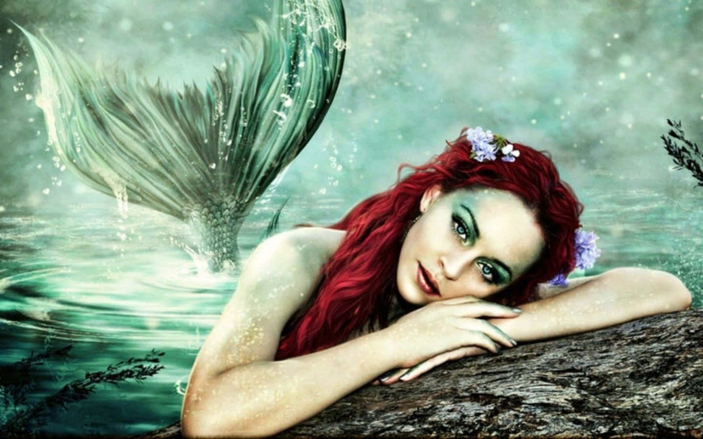 Mermaid Mrembo Mwenye Nywele Nyekundu Picha ya Ukuta