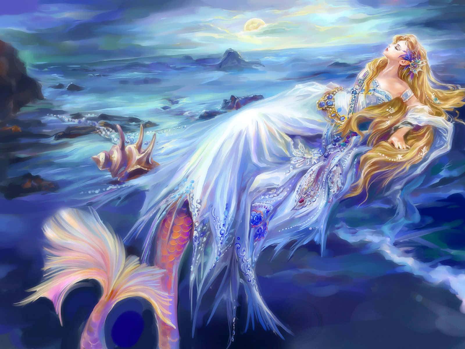 Mermaid Mwenye Nywele Nyeupe Amevaa Mavazi ya Bluu Picha ya Ukuta