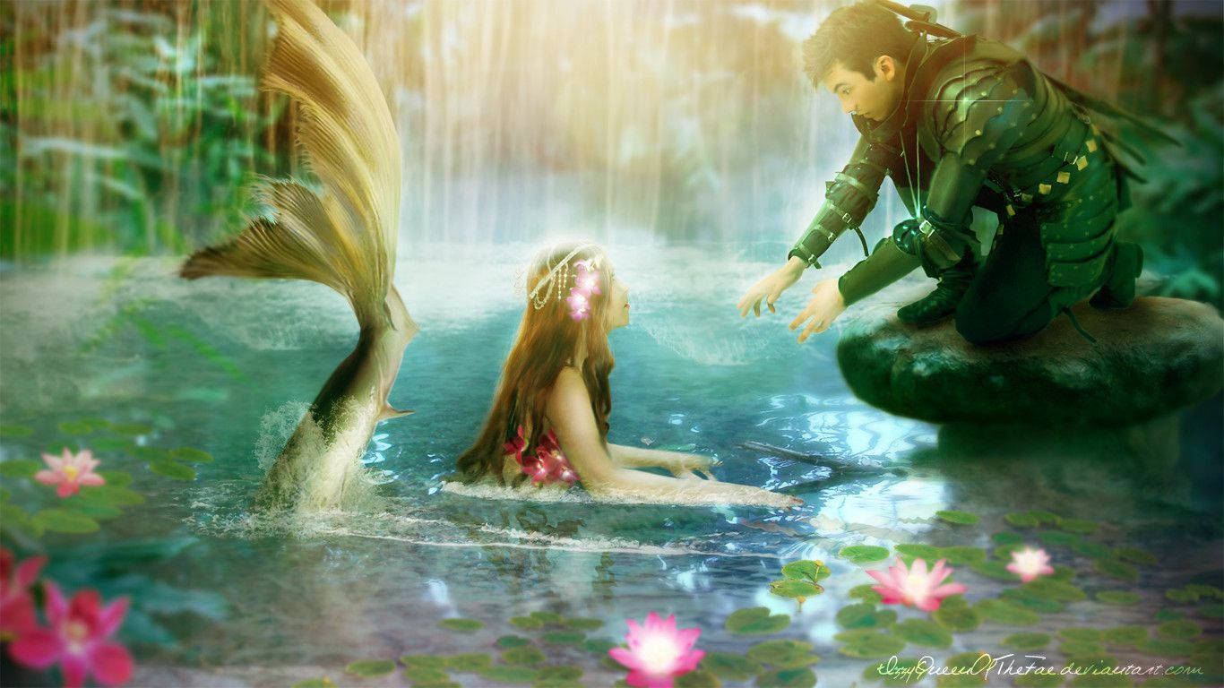 Mermaid na Knight Wanasimama Kwa Ushujaa Pamoja na Kuabiri Maisha Picha ya Ukuta