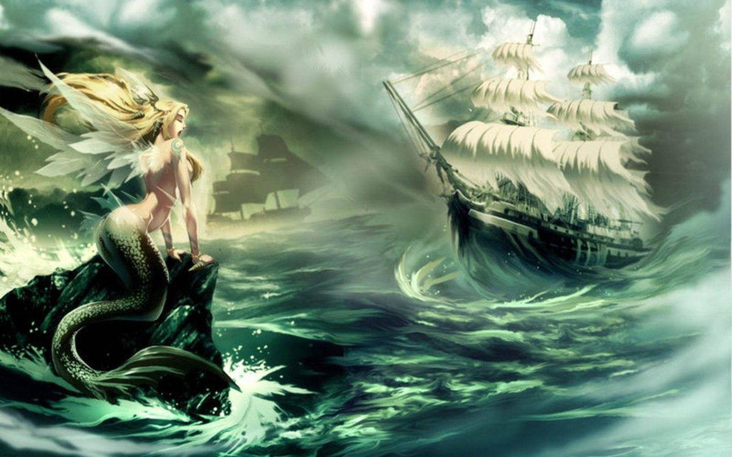 Mermaid shujaa anaiokoa meli iliyokumbwa na dhoruba Picha ya Ukuta