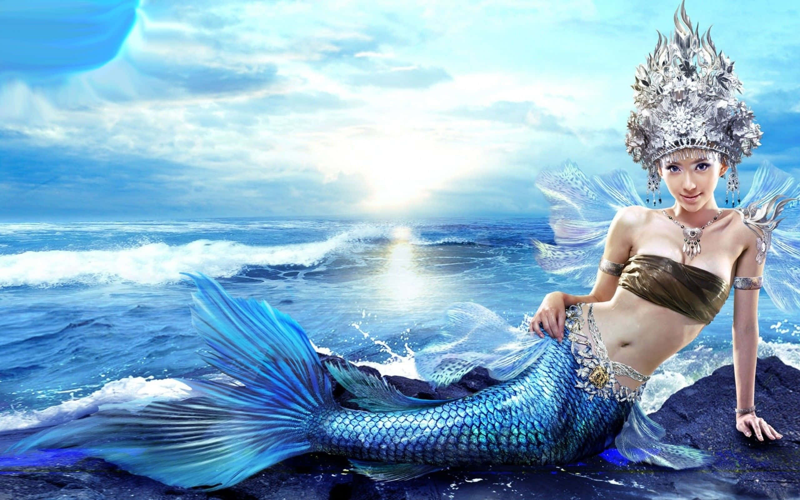 Mermaid yenye Mkia wa Bluu Unaometa na Kichwa cha Fedha Picha ya Ukuta