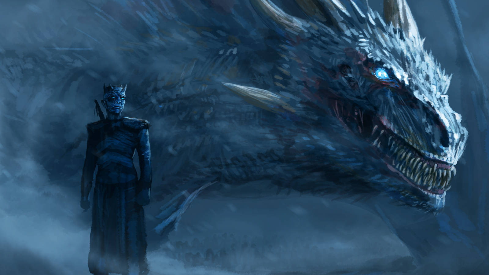 Mfalme wa Usiku unavumia baridi ya msimu wa barafu katika HBO's Game of Thrones. Picha ya Ukuta