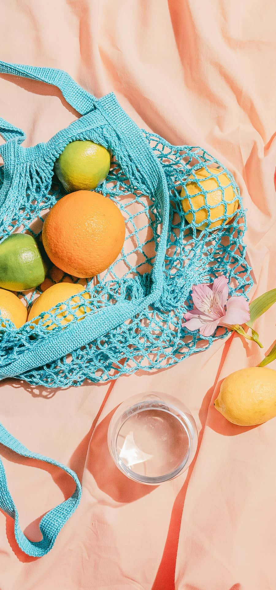 a blue bag with lemons and oranges on it Picha ya Ukuta