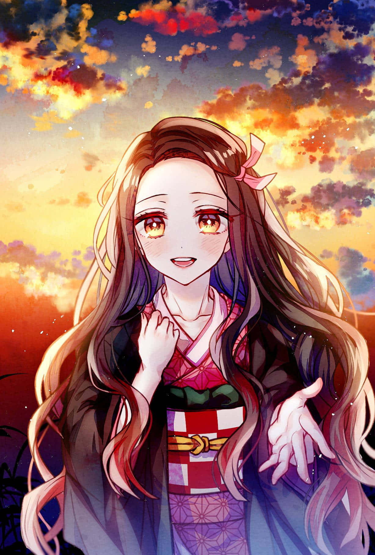 Mhusika wa Anime Nezuko Kamado Mrembo Akiwa na Anga la Machweo Picha ya Ukuta
