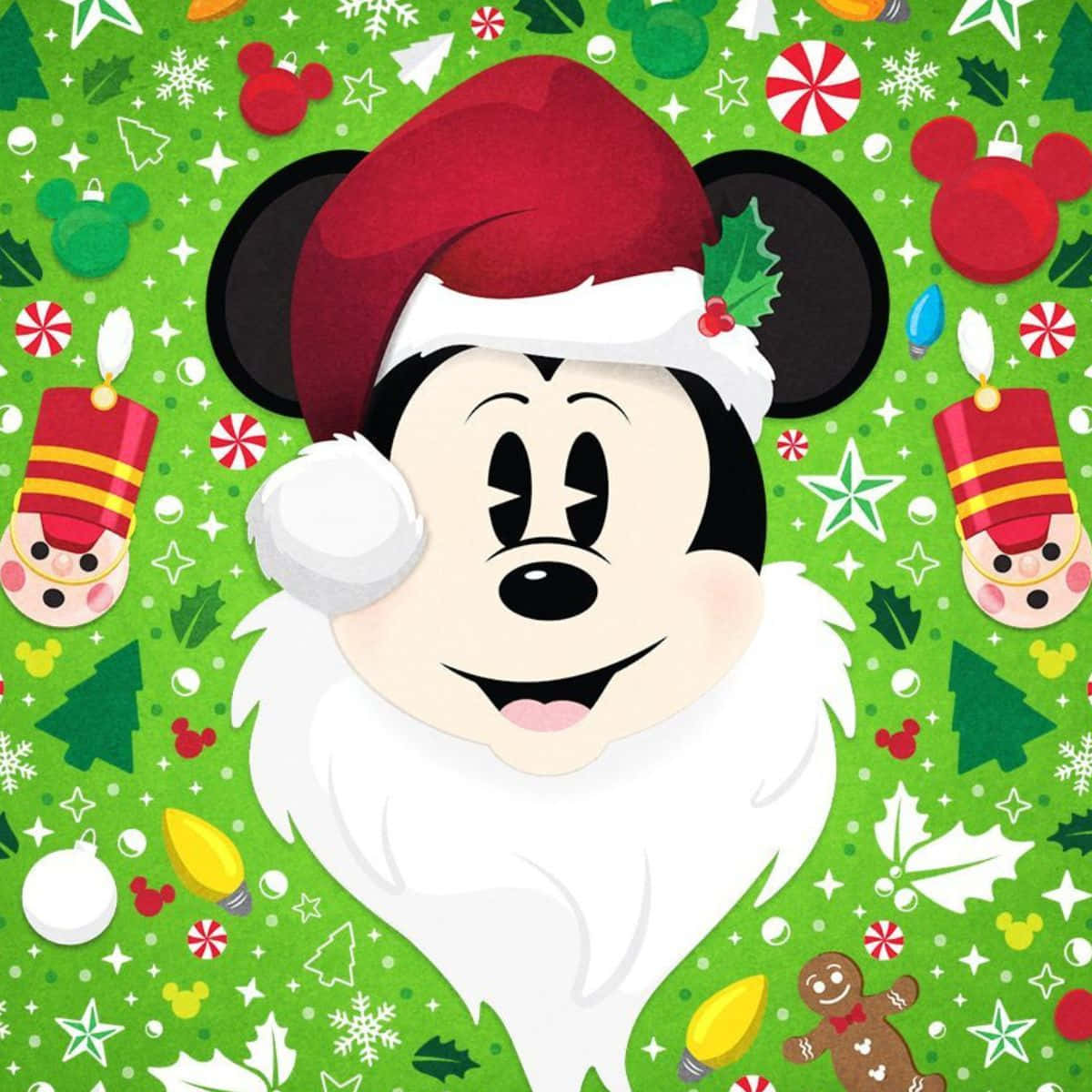 Mickey Mouse kwenye kofia ya Santa na mavazi ya Krismasi Picha ya Ukuta
