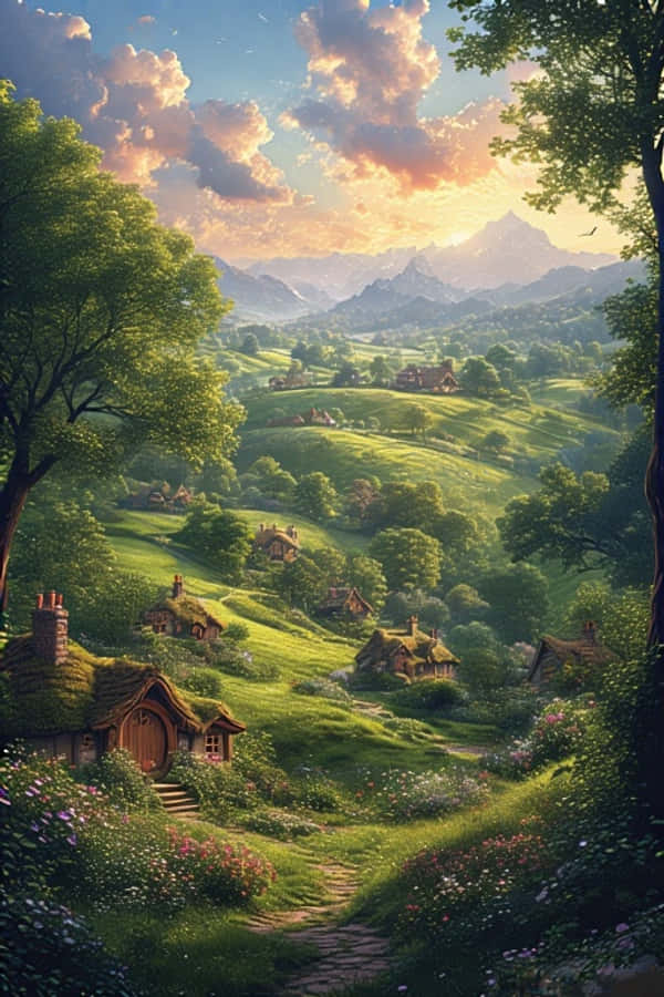 Milima ya Hobbiton na Nyumba za Hobbit Fantasy 4K Picha ya Ukuta