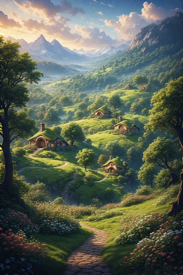 Milima ya Hobbiton na Nyumba za Hobbit Fantasy 4K Picha ya Ukuta
