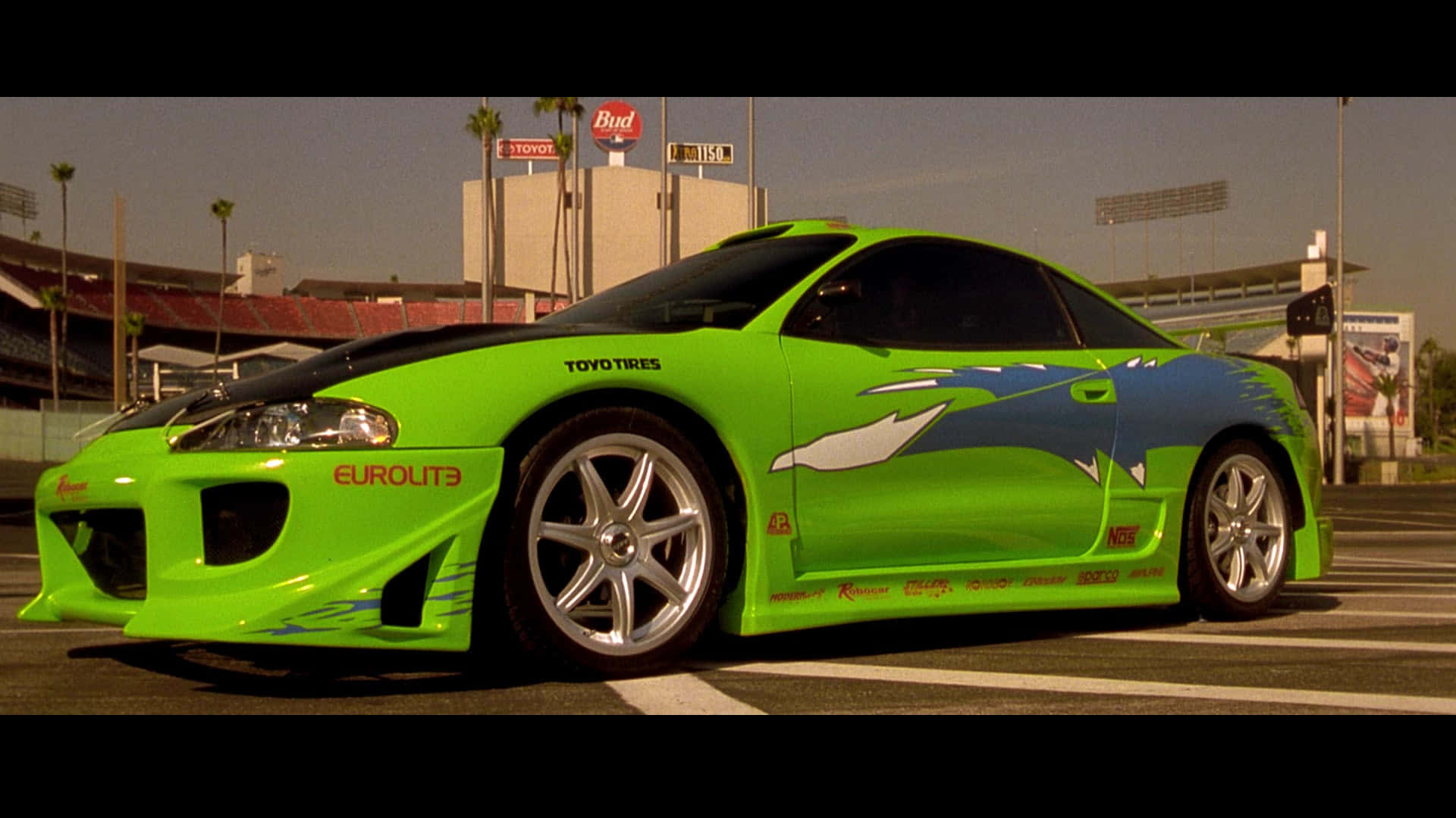 Mitsubishi Eclipse 1996 ya Kijani kutoka Fast and Furious 1 Picha ya Ukuta